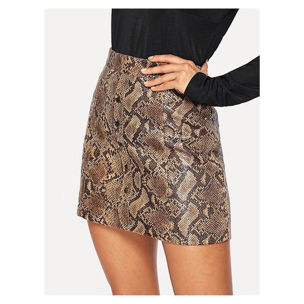 Brown Snake Print Button Down Mini Skirt - Picture 4 of 8